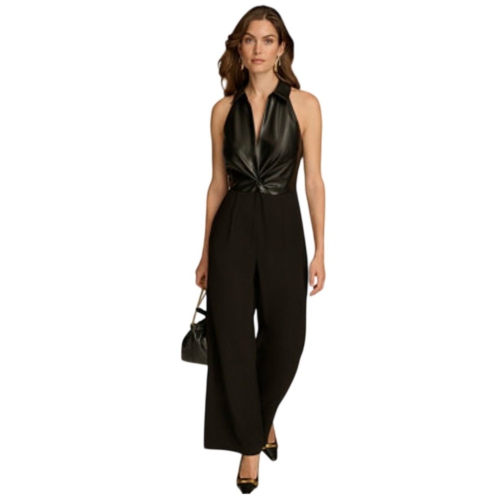 Donna Karan New York Black Faux Leather Halter Twist Wide Leg Jumpsuit DRFYI47SB